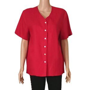 Talbots Vtg Red Embroidered Blouse 14P Irish Linen Button Up Short Sleeve Shirt